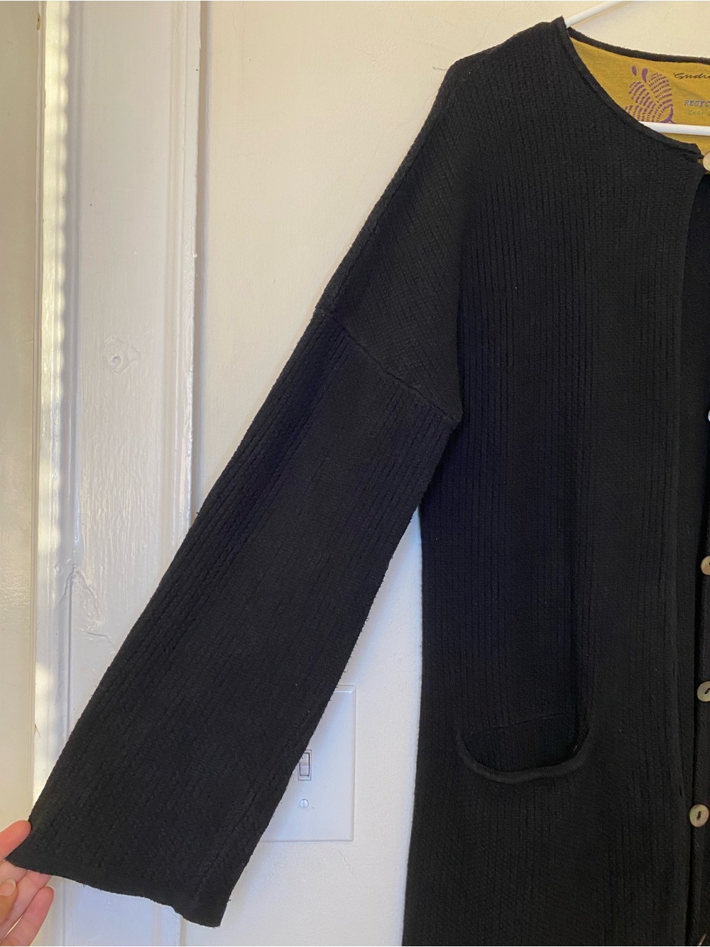 GUDRUN SJODEN Cotton Waffle Knit Button Front Long Cardigan Black Sz Small READ - Picture 4 of 11